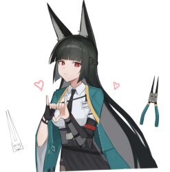 Rule 34 | 1girl, animal ears, bajigurr, long-eared miyabi (meme), black gloves, black hair, black necktie, black skirt, closed mouth, cowboy shot, dress shirt, expressionless, fingerless gloves, fox ears, fox girl, gloves, green jacket, high-waist skirt, highres, hoshimi miyabi, jacket, long hair, looking at viewer, meme, necktie, needle-nose pliers, pliers, red eyes, shirt, simple background, single fingerless glove, skirt, solo, tools, white background, white shirt, zenless zone zero
