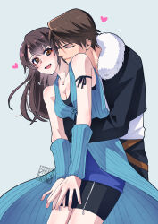 1boy 1girl arm_ribbon arm_warmers artist_name bare_shoulders belt bike_shorts black_jacket black_pants black_ribbon black_shirt black_shorts blue_background blue_cardigan blue_skirt breasts brown_eyes brown_hair cardigan cleavage closed_eyes closed_mouth couple cowboy_shot cropped_jacket final_fantasy final_fantasy_viii fur-trimmed_jacket fur_trim hetero highres hug hug_from_behind jacket light_blush medium_breasts multiple_belts open_mouth pants ribbon rinoa_heartilly scar scar_on_face scar_on_forehead shikiwo shirt shorts skirt smile squall_leonhart upper_body white_fur white_shirt