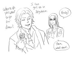 1boy 1girl :d american_psycho bad_id bb_(baalbuddy) commentary english_commentary english_text closed_eyes flower glasses greyscale highres inactive_account julia_chang lee_chaolan monochrome open_mouth parody rose simple_background smile tekken white_background