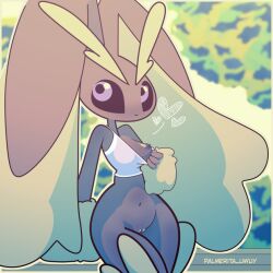 1girl animal_nose arm_support artist_name bare_shoulders black_sclera blurry blurry_background body_fur border bottomless breasts brown_fur cleft_of_venus clothes_pull colored_sclera cowboy_shot crop_top female_focus flashing furry furry_female gen_4_pokemon groin hand_up heart leaning long_ears looking_to_the_side lopunny navel nintendo nipples one_breast_out outline outside_border palmerita_uwuy pink_eyes pink_shirt pokemon pokemon_(creature) pulling_own_clothes pussy rabbit_ears rabbit_girl shirt shirt_pull sleeveless sleeveless_shirt small_breasts solo spaghetti_strap standing stomach two-tone_fur uncensored watermark wide_hips yellow_border yellow_fur yellow_outline