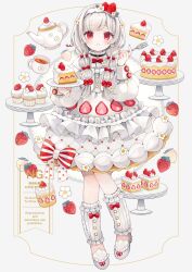 Rule 34 | 1girl, bow, cake, cake slice, cup, dress, dress bow, flower, food, food-themed clothes, fork, frilled dress, frilled footwear, frilled leg warmers, frills, fruit, full body, hair bow, hair flower, hair ornament, hairband, highres, holding, holding fork, holding plate, knees together feet apart, leg warmers, looking at viewer, medium hair, multi-tied hair, original, plate, red eyes, shoes, smile, solo, strawberry, strawberry shortcake, tabi 0v0, teacup, watermark, white background, white dress, white flower, white hair, white hairband, white leg warmers, white shoes