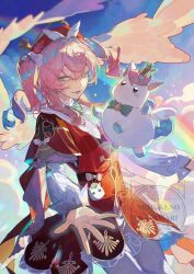 1girl angel_wings aqua_eyes aqua_hair blue_sky cloud commentary_request dress drill_hair hat highres honkai:_star_rail honkai_(series) hyacine_(honkai:_star_rail) little_ica_(honkai:_star_rail) medium_hair multicolored_hair nemuke2828 pantyhose pink_hair rainbow reaching reaching_towards_viewer red_dress red_hat sky twin_drills two-tone_hair white_pantyhose wings
