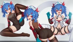 Rule 34 | 1girl, :d, :p, absurdres, afrotunaart, arm around leg, arms behind back, ass, bare shoulders, bent over, between legs, blue gloves, blush, bodysuit, boots, braid, breasts, censored, claw pose, colphne (girls&#039; frontline 2), colphne (silent heart) (girls&#039; frontline 2), convenient censoring, covered navel, from behind, girls&#039; frontline, girls&#039; frontline 2: exilium, gloves, hair between eyes, hair ornament, hair ribbon, hairclip, hand between legs, hands up, hat, highres, jacket, leaning forward, leg up, looking at viewer, looking back, maebari, medium hair, multiple thigh straps, multiple views, naked jacket, navel, nipple slip, nipples, nurse cap, off-shoulder jacket, off shoulder, open clothes, open jacket, open mouth, petite, presenting, pussy, red ribbon, ribbon, seductive smile, see-through bodysuit, see-through clothes, skin tight, small breasts, smile, smug, solo, spread legs, spread pussy, spread pussy under clothes, spreading own pussy, stethoscope, stethoscope around neck, thigh boots, thighhighs, thighs, tongue, tongue out, twin braids, twintails, unzipped, w arms, white jacket
