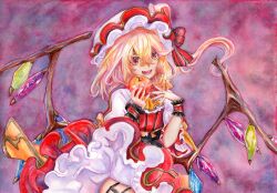 1girl absurdres ascot blonde_hair cowboy_shot crystal crystal_wings embodiment_of_scarlet_devil fang flandre_scarlet hat hat_ribbon highres horrible_(1312777) looking_at_viewer mob_cap open_mouth painting_(medium) puffy_short_sleeves puffy_sleeves red_eyes ribbon short_sleeves side_ponytail smile solo touhou traditional_media watercolor_(medium) wings wrist_cuffs