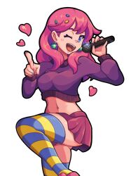 1girl :d blue_eyes blue_thighhighs cropped_shirt earrings feet_out_of_frame female_focus heart highres holding holding_microphone jewelry kalia3see long_hair looking_at_viewer microphone midriff nail_polish navel one_eye_closed one_leg_raised open_mouth party_girl_(terraria) pink_hair pink_skirt pointing pointing_at_viewer purple_shirt shirt simple_background skirt smile solo striped_clothes striped_thighhighs terraria thighhighs white_background wink yellow_thighhighs