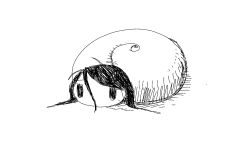 1girl black_eyes black_hair hair_between_eyes hatching_(texture) highres minimalism no_mouth no_nose original shell sketch snail_girl snail_shell spiral surreal tsukumizu_yuu white_background wide_shot