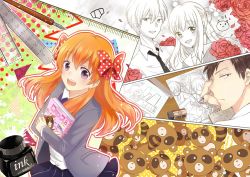 10s 2boys 2girls black_hair book bottle bow brown_eyes drawing eraser flower gekkan_shoujo_nozaki-kun hair_bow inkwell lin_(amateur_lin) lin_(pixiv6302260) mamiko_(koi_shiyou!) multiple_boys multiple_girls nozaki_umetarou open_mouth orange_hair pen polka_dot polka_dot_bow purple_eyes rose ruler sakura_chiyo smile sparkle suzuki_saburou_(koi_shiyou!) tanuki