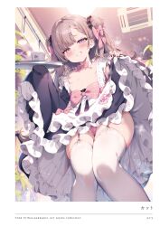 1girl absurdres bow breasts garter_straps grin hair_ornament highres holding kat_(bu-kunn) looking_at_viewer nipples original panties pink_panties small_breasts smile solo thighhighs tray underwear white_thighhighs