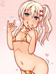 1girl \n/ artist_logo bikini blonde_hair blue_eyes breasts commentary_request covered_erect_nipples cowboy_shot dated gold_bikini gradient_background grecale_(kancolle) heart kanon_(kurogane_knights) kantai_collection logo long_hair navel official_alternate_hairstyle one-hour_drawing_challenge pink_background side-tie_bikini_bottom side_ponytail small_breasts solo swimsuit tongue tongue_out untied_bikini