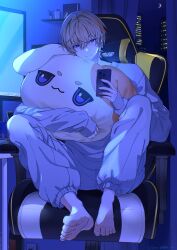 1boy absurdres animal-shaped_pillow artist_name barefoot blonde_hair blue_eyes building can cellphone chair city closed_mouth computer crescent_moon drink_can electrical_outlet feet flower_pot fura_kanato gaming_chair gun_(9un_xx) hair_between_eyes hair_intakes hashtag-only_commentary highres holding holding_phone holding_pillow indoors long_sleeves looking_at_viewer male_focus monitor moon multicolored_hair night night_sky nijisanji on_chair orange_hair pants phone pillow plant potted_plant shelf shirt short_hair signature sitting sky sleeves_past_wrists smartphone smile solo streaked_hair swivel_chair table toes twitter_username virtual_youtuber white_pants white_shirt