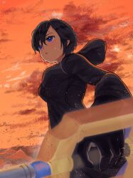 1girl black_coat black_coat_(kingdom_hearts) black_gloves black_hair blue_eyes breasts coat commentary_request gloves hair_between_eyes highres holding holding_sword holding_weapon hood hood_down hooded_coat kawame626 keyblade kingdom_hearts kingdom_hearts_358/2_days kingdom_key long_sleeves medium_breasts short_hair solo sweat sword weapon xion_(kingdom_hearts)