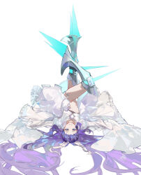 1girl absurdres armored_boots blue_eyes boots coat fate/grand_order fate_(series) fui_(fui29493452) hair_ribbon highres juliet_sleeves knee_spikes leg_blade long_hair long_sleeves looking_at_viewer meltryllis_(fate) meltryllis_(third_ascension)_(fate) navel prosthesis prosthetic_leg puffy_sleeves purple_hair ribbon sleeves_past_fingers sleeves_past_wrists smile solo very_long_hair white_coat white_ribbon