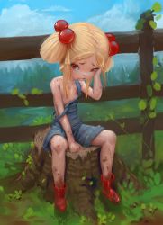 1girl blonde_hair blood boots censored censored_nipples crying dirty fence field fiz-rot flat_chest highres loli naked_overalls nature original outdoors overalls red_eyes river scenery scraped_knee short_twintails sitting snot_trail topless_female tree_stump twintails upset