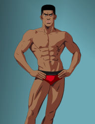Rule 34 | 1990s (style), 1boy, abs, akagi takenori, black eyes, black hair, dark skin, highres, legs, lips, muscular, muscular male, nipples, retro artstyle, sexyanimes, slam dunk (series), standing, underwear