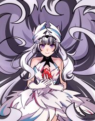 1girl bare_shoulders black_choker black_hair blunt_bangs choker closed_mouth dress fire_emblem fire_emblem_engage gem gloves grey_hair hair_ornament highres holding holding_gem long_hair merylemons multicolored_hair nintendo red_gemstone sleeveless sleeveless_dress smile solo two-tone_hair very_long_hair veyle_(fire_emblem) white_dress white_gloves wing_hair_ornament