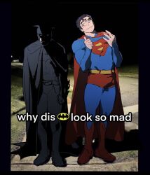 Rule 34 | 2boys, batman, batman (series), belt, bhedoods, black bodysuit, black boots, black border, black cape, black hair, black sky, blue bodysuit, blue eyes, blush, bodysuit, boots, border, bruce wayne, cape, clark kent, closed mouth, commentary, dc comics, english commentary, english text, full body, grass, hands up, helmet, highres, looking at viewer, male focus, male underwear, meme, multiple boys, night, night sky, outdoors, red boots, red cape, red male underwear, shadow, short hair, sky, smile, superhero costume, superman, superman (series), thumbs up, underwear, why dis ninja look so mad (meme), yellow belt
