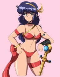 1980s_(style) 1girl absurdres athena_(series) bikini breasts brown_eyes cleavage highres looking_at_viewer medium_breasts navel oldschool princess_athena purple_hair red_bikini retro_artstyle smile snk swimsuit sword thick_thighs thighhighs thighs weapon
