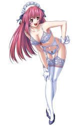 1girl bent_over blush bow bow_panties bra breasts cleavage crossed_legs female_focus garter_belt gloves hand_on_own_hip hip_focus lace lace-trimmed_legwear lace_trim legs lingerie long_hair lycoris_radiata maid_headdress panties red_eyes sitting solo thigh_gap thighhighs tsuzuri_(lycoris_radiata) underwear underwear_only very_long_hair white_panties white_thighhighs yokota_mamoru