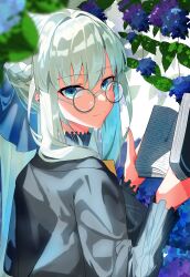 1girl blue_eyes book bow braid fate/grand_order fate_(series) flower glasses hair_between_eyes hair_bow half_up_braid highres holding holding_book long_hair looking_at_viewer morgan_le_fay_(pop_up_attire)_(fate) mutyo ponytail smile solo white_hair