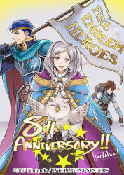 1girl 2boys anniversary armor artist_name bird blue_cape blue_eyes blue_hair brown_hair cape cloak cosplay eliwood_(fire_emblem) eliwood_(fire_emblem)_(cosplay) feh_(fire_emblem_heroes) fire_emblem fire_emblem:_the_blazing_blade fire_emblem_awakening fire_emblem_heroes flag frederick_(child)_(fire_emblem) frederick_(fire_emblem) hair_slicked_back hector_(fire_emblem) hector_(steel_warrior)_(fire_emblem) highres holding holding_flag hood hooded_cloak looking_at_viewer multiple_boys nintendo official_alternate_costume official_art owl pebble purple_eyes robin_(female)_(exalt&#039;s_right_hand)_(fire_emblem) robin_(female)_(fire_emblem) robin_(fire_emblem) smile twintails wada_sachiko white_background