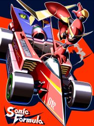 1boy android boomerang boots car closed_mouth gloves helmet humanoid_robot mega_man:_battle_&amp;_chase mega_man_(classic) mega_man_(series) motor_vehicle napo quick_man race_vehicle racecar red_boots red_gloves robot smile spoiler_(automobile) steering_wheel