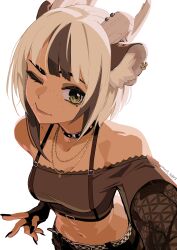 1girl absurdres animal_ear_fluff animal_ears bare_shoulders black_gloves breasts brown_hair crop_top fingerless_gloves gloves green_eyes highres horns multicolored_hair navel one_eye_closed original peesh_san sansin_jin small_breasts solo standing stomach streaked_hair v virtual_youtuber white_background