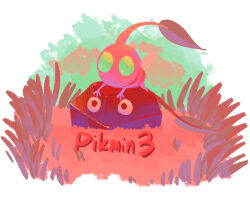 Rule 34 | aqua eyes, black eyes, black skin, border, cloud, colored skin, copyright name, creature, creature focus, day, grass, green sky, highres, insect wings, leaf, looking ahead, lying, lying on person, nintendo, no humans, no mouth, on stomach, outdoors, outside border, partially buried, pikmin (creature), pikmin (series), pikmin 3, pink skin, rock, rock pikmin, sky, solid circle eyes, white border, winged pikmin, wings, yu pikmin