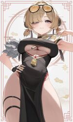 1girl absurdres ahoge armpits between_breasts black_dress black_gloves blonde_hair breasts china_dress chinese_clothes closed_mouth clothing_cutout commentary_request covered_navel cowboy_shot dress eyewear_on_head fingerless_gloves from_below gloves grey_nails hair_intakes hair_over_one_eye hand_fan hand_on_own_hip headgear highres inset_border large_breasts light_blush looking_at_viewer nail_polish pelvic_curtain purple_eyes revision short_hair single_fingerless_glove smile solo sunglasses sweat sweety_(zenless_zone_zero) thighs tinted_eyewear tuanshan underboob underboob_cutout unnunal_(unneonal) yellow-tinted_eyewear zenless_zone_zero
