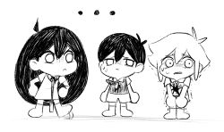 Rule 34 | ..., 1girl, 2boys, ahoge, angry, antenna hair, arms at sides, basil (faraway) (omori), basil (omori), brother and sister, cabronpr, chibi, chibi only, clenched teeth, closed mouth, collared shirt, commentary, double-parted bangs, dress, english commentary, full body, greyscale, hair behind ear, hair between eyes, hands on own hips, highres, long hair, looking at another, looking to the side, mari (faraway) (omori), mari (omori), monochrome, multiple boys, no pupils, noose, omori, shirt, short hair, short sleeves, shorts, siblings, sidelocks, socks, spoilers, standing, sunny (omori), sweat, sweater vest, tapping foot, teeth, trembling, v-shaped eyebrows, v arms