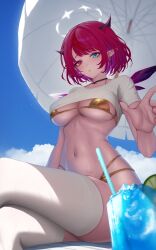 1girl alternate_costume asymmetrical_wings beach_umbrella bikini blue_eyes blue_sky breasts cloud commentary cropped_shirt crossed_legs crystal_wings day earrings gold_bikini halo halterneck heterochromia highres hololive hololive_english horns irys_(hololive) jdnyang jewelry large_breasts looking_at_viewer mismatched_earrings mismatched_wings multi-strapped_bikini_bottom navel open_mouth outdoors pink_eyes pointy_ears reaching reaching_towards_viewer red_hair shirt short_hair sitting sky solo star_halo swimsuit t-shirt thighhighs thighs umbrella underboob virtual_youtuber wet wings