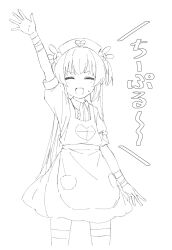 1girl apron arm_up bandaged_wrist bandages blush closed_eyes fang hair_ornament hat heart heart_print highres lineart long_hair monochrome natori_sana natori_sana_(nurse) nurse_cap open_mouth rabbit_hair_ornament sana_channel sanz_zzz shirt simple_background solo sweat virtual_youtuber white_background