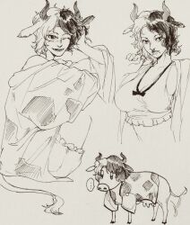 Rule 34 | ..., 1girl, animal ears, animal print, animalization, black hair, boned-woo, breasts, cleavage, cow, cow ears, cow girl, cow horns, cow print, cow tail, frilled shirt, frilled shorts, frills, hatching (texture), highres, horns, large breasts, looking at viewer, mismatched animal ear colors, multicolored hair, one eye closed, open mouth, shirt, shorts, smile, split-color hair, spoken ellipsis, tail, tail wagging, touhou, two-tone hair, ushizaki urumi