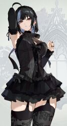 1girl absurdres armpits black_hair black_nails black_sleeves black_thighhighs blue_hair blush breasts brown_eyes cleavage detached_sleeves dress frilled_dress frills from_side garter_straps hand_in_own_hair highres irene_(kanniiepan) kanniiepan lace lace-trimmed_dress lace-trimmed_sleeves lace_trim large_breasts looking_at_viewer mole mole_on_breast mole_under_eye nail_polish original skindentation solo thighhighs thighs white_background zettai_ryouiki