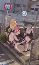 Rule 34 | 3girls, :d, absurdres, black footwear, blonde hair, chain-link fence, double v, fence, frederica baumann, google street view, high school girls posing for google street view (meme), highres, long hair, long sleeves, looking at viewer, maid, maid headdress, meme, multiple girls, open mouth, outdoors, pantyhose, photo background, ram (re:zero), re:zero kara hajimeru isekai seikatsu, rem (re:zero), roswaal mansion maid uniform, sidewalk, smile, sunegg1112, v, white pantyhose