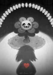 1other commentary english_commentary fangs flower flower_focus flowey_(undertale) frisk_(undertale) grass grey_background greyscale heart kiriyume looking_at_viewer monochrome open_mouth pov shadow simple_background skin_fangs smile spot_color straight-on twitter_username undertale