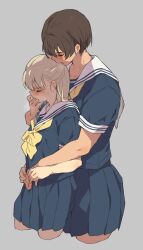 2girls blonde_hair blush brown_hair closed_eyes crotch_grab finger_in_another&#039;s_mouth height_difference highres kei_(m_k) m_k multiple_girls rika_(m_k) saliva school_uniform size_difference tall_female tomboy yuri