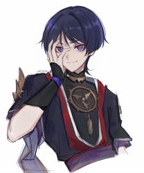 1boy arm_at_side armor black_bodysuit black_hair black_kimono black_sleeves blunt_ends bodysuit bright_pupils closed_mouth covered_collarbone cropped_torso furisode furrowed_brow genshin_impact gold hand_on_own_face hand_up highres japanese_armor japanese_clothes jewelry juban kimono kote kurokote layered_sleeves looking_at_viewer male_focus mandarin_collar mitsudomoe_(shape) multicolored_hair neck_ring purple_eyes purple_hair purple_sash purple_sleeves red_kimono sash scaramouche_(genshin_impact) sgm618 short_sleeves single_sode smile solo streaked_hair tomoe_(symbol) tsurime white_background white_kimono white_pupils