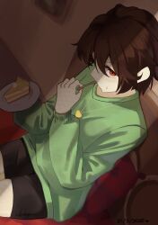 Rule 34 | 1girl, bed, bedroom, blush, chara (undertale), highres, looking at viewer, on bed, short hair, undertale