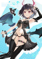 1girl absurdres andychen1 armpits bang_dream! bang_dream!_it&#039;s_mygo!!!!! bikini black_bikini black_thighhighs breasts chain chain_leash collarbone elbow_gloves gloves grey_hair highres horns latex latex_thighhighs leash medium_hair navel red_eyes single_elbow_glove small_breasts solo standing stomach swimsuit takamatsu_tomori thighhighs