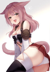 1girl animal_ears bare_shoulders black_boots boots breasts brown_eyes cat_ears cat_girl cat_tail cleavage detached_sleeves facial_mark final_fantasy final_fantasy_xiv heart highres looking_at_viewer midriff miqo&#039;te nanase_kokono panties pink_hair red_skirt skirt solo spoken_heart strapless tail thigh_boots thighhighs tube_top underwear warrior_of_light_(ff14) whisker_markings white_panties white_thighhighs white_tube_top