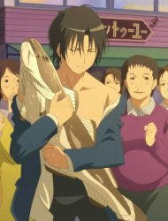 Rule 34 | 00s, 1boy, anime screenshot, fish, highres, hosaka (minami-ke), minami-ke, open clothes, open shirt, serious, shirt, solemn, solo focus, stitched, third-party edit
