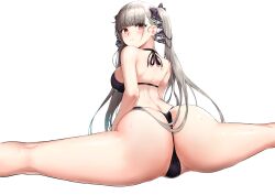 1girl absurdres ass azur_lane back bare_shoulders beach bikini black_bikini blush breasts dress formidable_(azur_lane) frilled_dress frills from_behind greem_bang grey_hair hair_ribbon highres large_breasts long_hair looking_at_viewer looking_back photoshop_(medium) red_eyes ribbon simple_background solo split spread_legs swimsuit thighs twintails very_long_hair white_background
