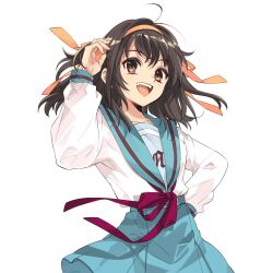 1girl :d absurdres blue_sailor_collar blue_skirt breasts brown_eyes brown_hair commentary_request hair_intakes hair_ribbon hairband hand_on_own_hip hand_up highres ito_noizi kita_high_school_uniform long_sleeves looking_at_viewer open_mouth red_ribbon ribbon sailor_collar school_uniform second-party_source serafuku simple_background skirt smile solo suzumiya_haruhi suzumiya_haruhi_no_yuuutsu teeth tongue upper_teeth_only white_background winter_uniform yellow_hairband yellow_ribbon