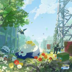 Rule 34 | aron, balloon, barrel, chain-link fence, charjabug, claws, cloud, commentary request, copyright name, day, falling leaves, fence, flower, gen 1 pokemon, gen 3 pokemon, gen 4 pokemon, gen 7 pokemon, grass, grubbin, highres, lairon, leaf, luxray, lying, nao (naaa 195), nintendo, no humans, on back, outdoors, pikachu, pokemon, pokemon (creature), pokemon sleep, shinx, sky, sleeping, snorlax, standing, tree, vikavolt