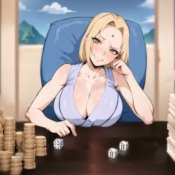 1girl absurdres ai-assisted armpits blonde_hair blush breasts chair cleavage cloud coin day dice facial_mark female_focus forehead_mark head_rest highres indoors kisou_(kisou00) large_breasts long_hair looking_at_viewer mature_female money naruto_(series) orange_eyes sitting sky smile solo table tsunade_(naruto) upper_body window