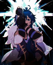 1boy absurdres antenna_hair black_gloves blue_eyes blue_hair commentary_request fur_trim genshin_impact gloves hair_between_eyes hand_on_arm highres jacket kaeya_(genshin_impact) long_hair long_sleeves looking_at_viewer male_focus nkgmgs solo sparkle upper_body