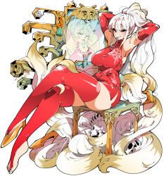 1girl animal_ears armpits arms_behind_head arms_up bone cat_ears cat_girl elbow_gloves feet gloves gold_footwear gradient_hair half-closed_eyes high_heels kafun long_hair multicolored_hair original ponytail red_gloves red_thighhighs shoes single_shoe sitting skindentation skull tagme thighhighs very_long_tail whiskers white_hair