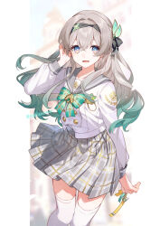 1girl :d asahikawa_hiyori black_hairband blue_pupils bow buttons commentary_request cowboy_shot double-breasted firefly_(honkai:_star_rail) firefly_(spring_missive)_(honkai:_star_rail) gradient_hair green_bow green_hair grey_hair grey_sailor_collar grey_skirt hairband hand_up highres holding honkai:_star_rail honkai_(series) long_hair long_sleeves multicolored_eyes multicolored_hair official_alternate_costume open_mouth plaid_bow plaid_clothes plaid_skirt pleated_skirt sailor_collar school_uniform serafuku shirt skirt smile solo standing thighhighs twitter_username two-tone_eyes white_shirt white_thighhighs