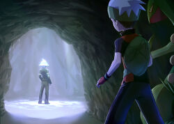 Rule 34 | 2boys, backpack, bag, brendan (pokemon), cave interior, fingerless gloves, from behind, gen 3 pokemon, gloves, green bag, green headband, headband, knr kanra, male focus, multiple boys, nintendo, pokemon, pokemon (creature), pokemon rse, red gloves, sceptile, standing, steven stone