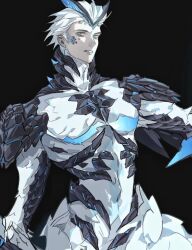 Rule 34 | 1boy, alternate form, black background, blue eyes, chimera, chinese commentary, colored skin, commentary, commentary request, cowboy shot, cropped, devil may cry (series), devil may cry 5, english commentary, hair slicked back, horns, looking to the side, male focus, mixed-language commentary, monster boy, monsterification, navel, parted lips, pectorals, perfectparalle, scales, short hair, sideways glance, simple background, solo, teeth, vergil (devil may cry), white hair, white skin